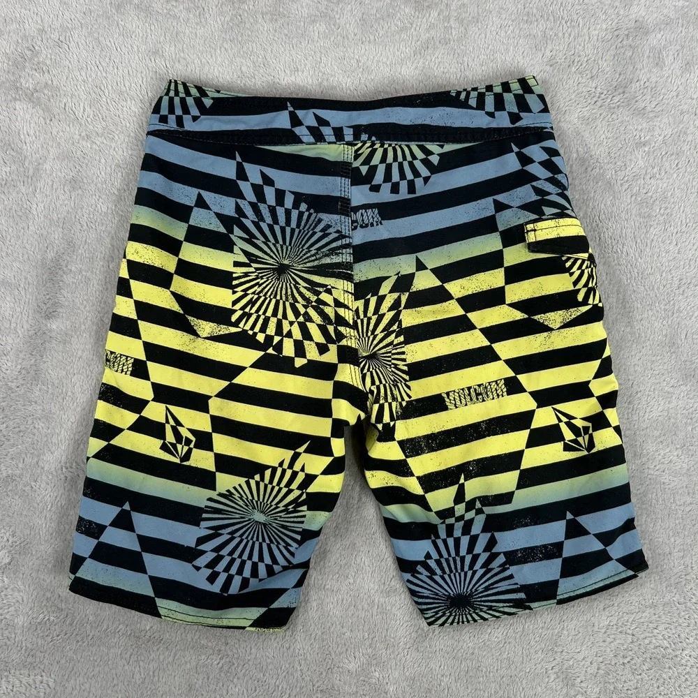 Volcom Mod-Tech Board Shorts 27 Yellow Blue Geometric Surf Swim Trunks Womens